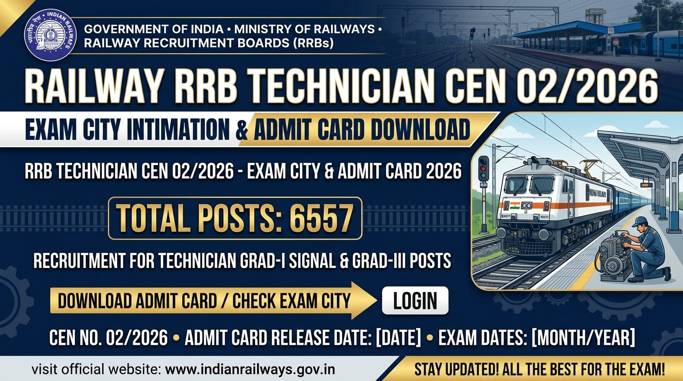 Railway RRB Technician CEN 02/2026 Recruitment 2026 Exam City / Admit Card for 6557 Post
